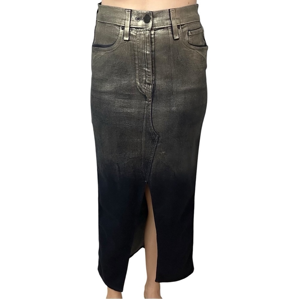 Hudson Denim Midi Skirt Jean Reconstructed Metallic Silver Blue Cotton Size 28